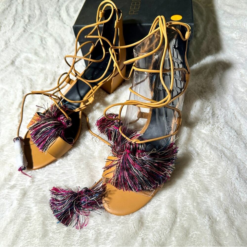 Rebecca Minkoff Tan Sandals Size 9 Neutral Resort Strappy Tassel Laced Coastal - Picture 3 of 9
